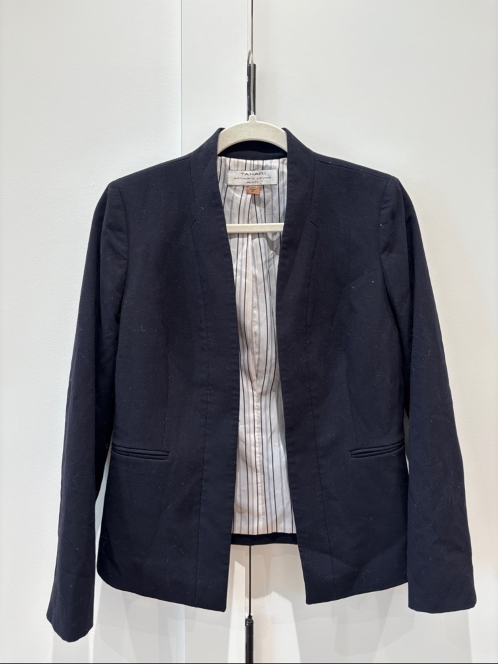 Tahari ASL Navy Open-Front Collarless Blazer